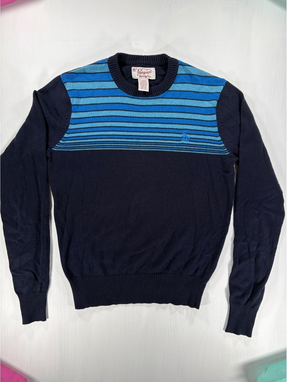 Original Penguin Navy Blue Striped Crewneck Sweater